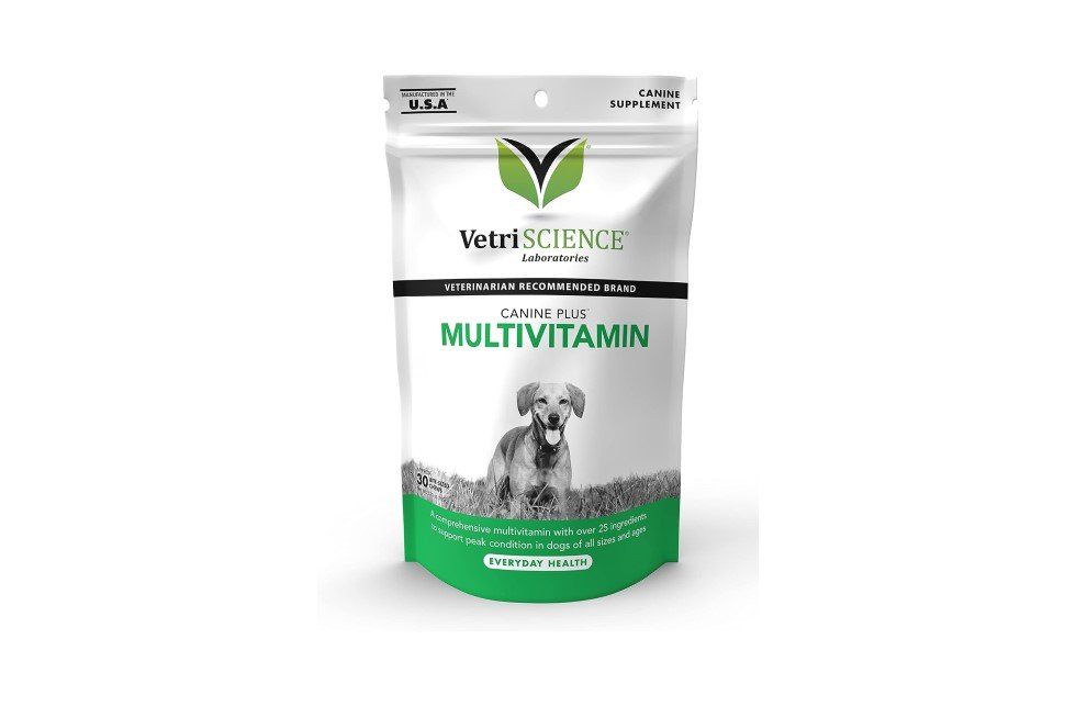 VetriScience Canine Plus Multivitamin packaging with a dog image.