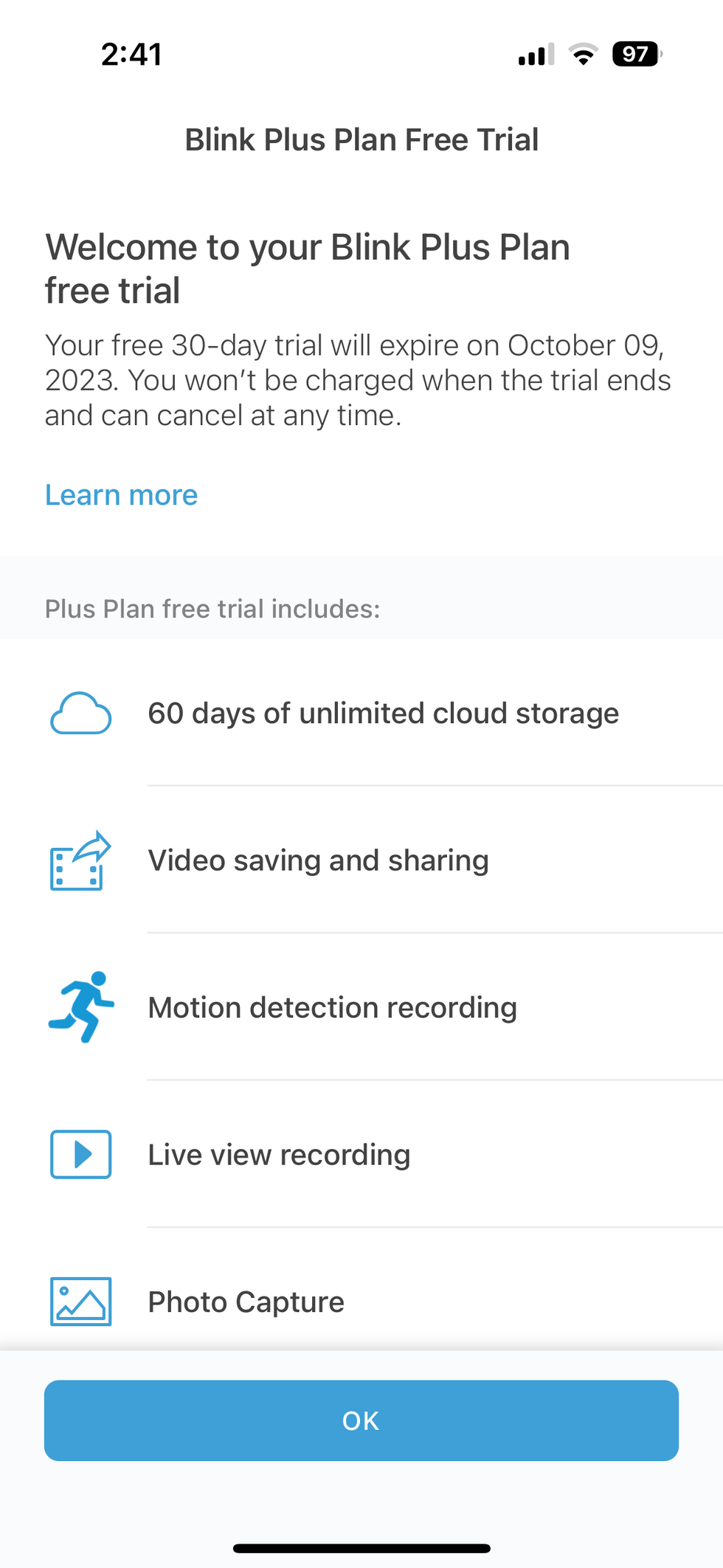 Blink app showing cloud storage plans