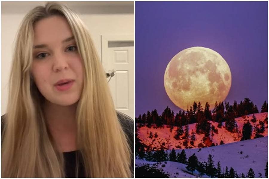 woman speaking to camera; full moon over snowy mountains