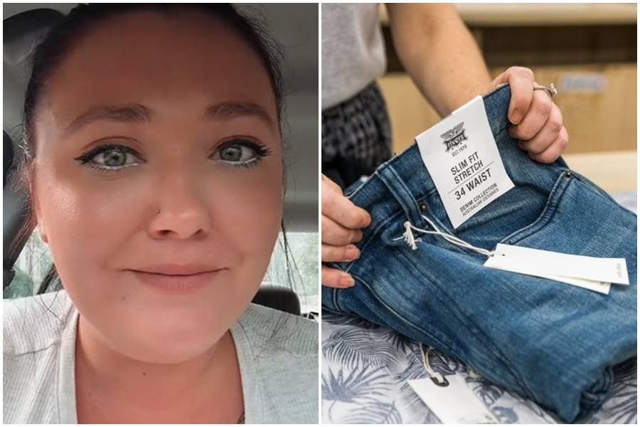 a screenshot of a woman; a photo of someone folding a pair of jeans
