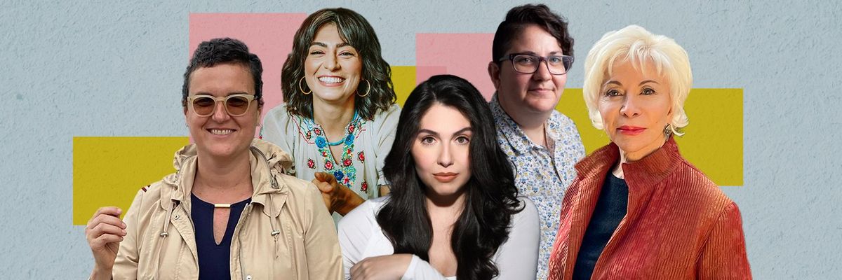 A collage featuring Latine TEDTalk speakers:  Miriam Zoila Perez, Rayma Suprani, Raquel Perez, Melissa Villaseñor and Isabel Allende