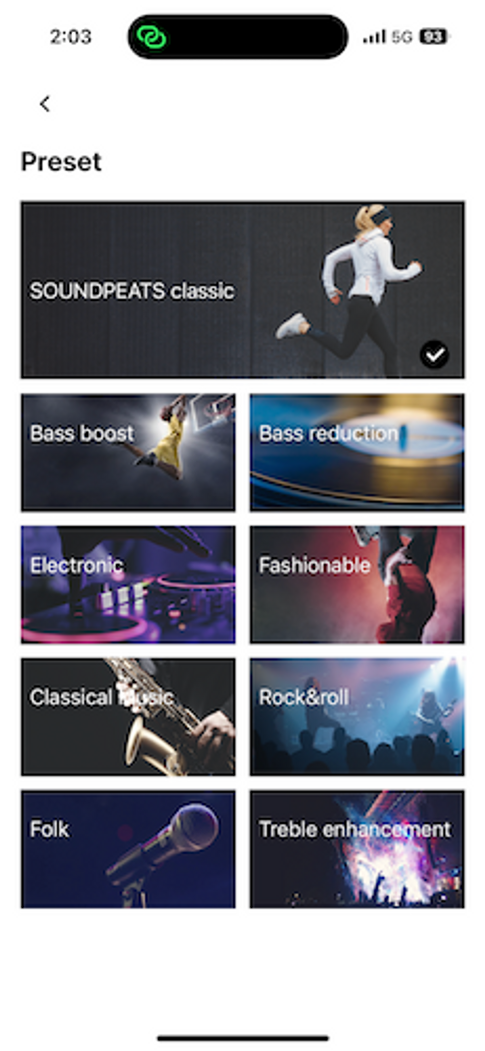 screenshot of presets in SoundPEATS. app