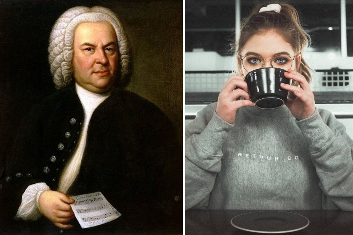 Johann Sebastian Bach and a young woman drinking coffee