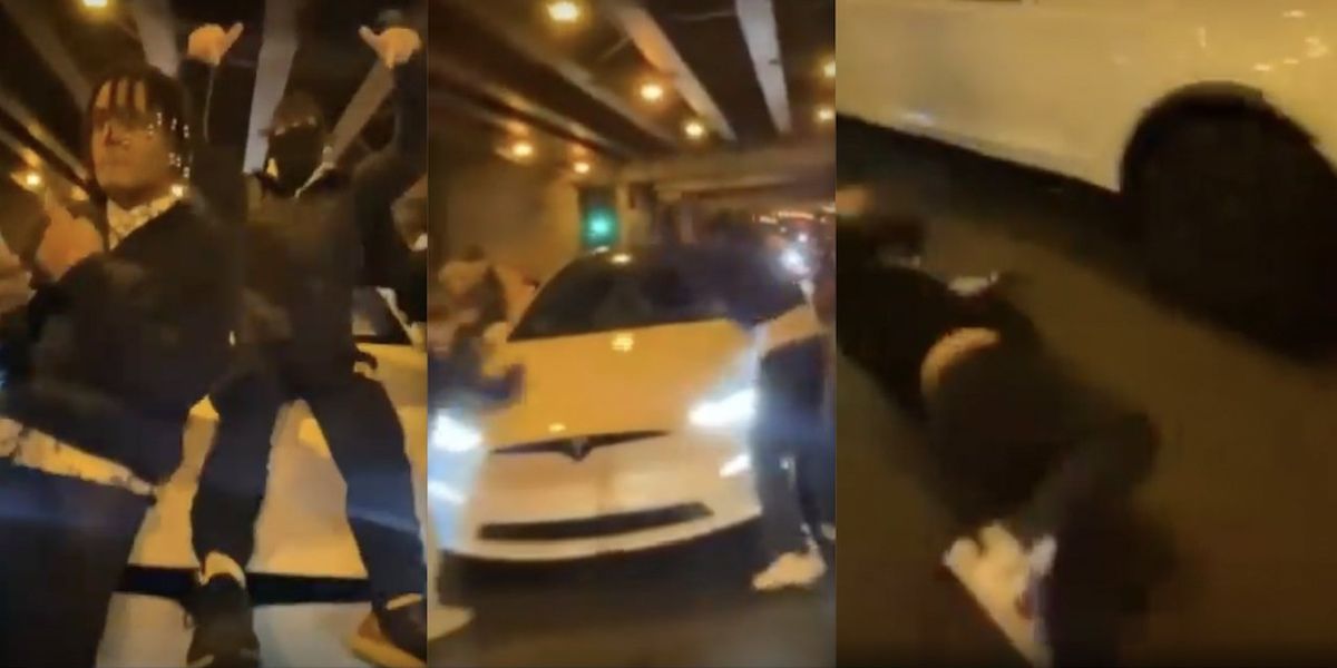 NextImg:'F*** this car up!' Thugs climb on Tesla's hood amid Chicago street takeover, repeatedly pound, kick car — then one idiot gets schooled on Newton's third law of motion
