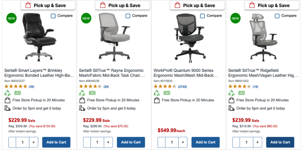 a screenshot of ergonomic chairs available at Office Depot