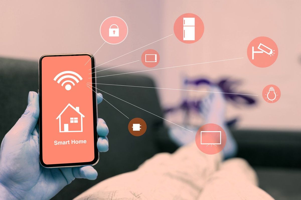 a smartphone showing wireless connections to smart devices in the home.
