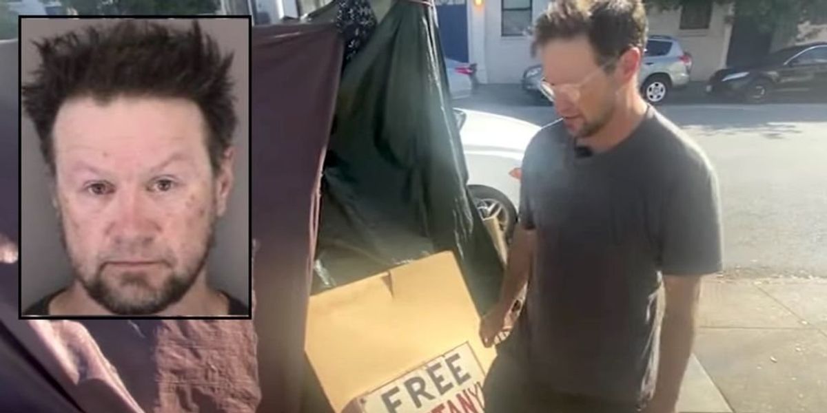 NextImg:Convicted pedophile lives in tent across from San Francisco Catholic grade school with sign reading 'Free fentanyl 4 new users'