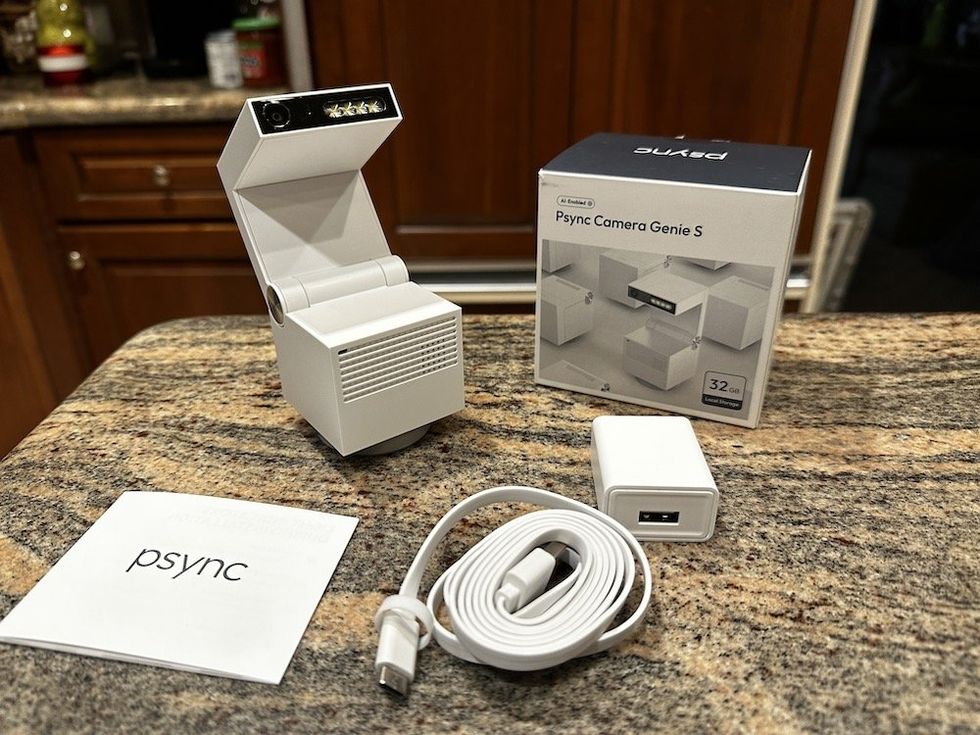Psync Camera Genie S unboxed on a countertop