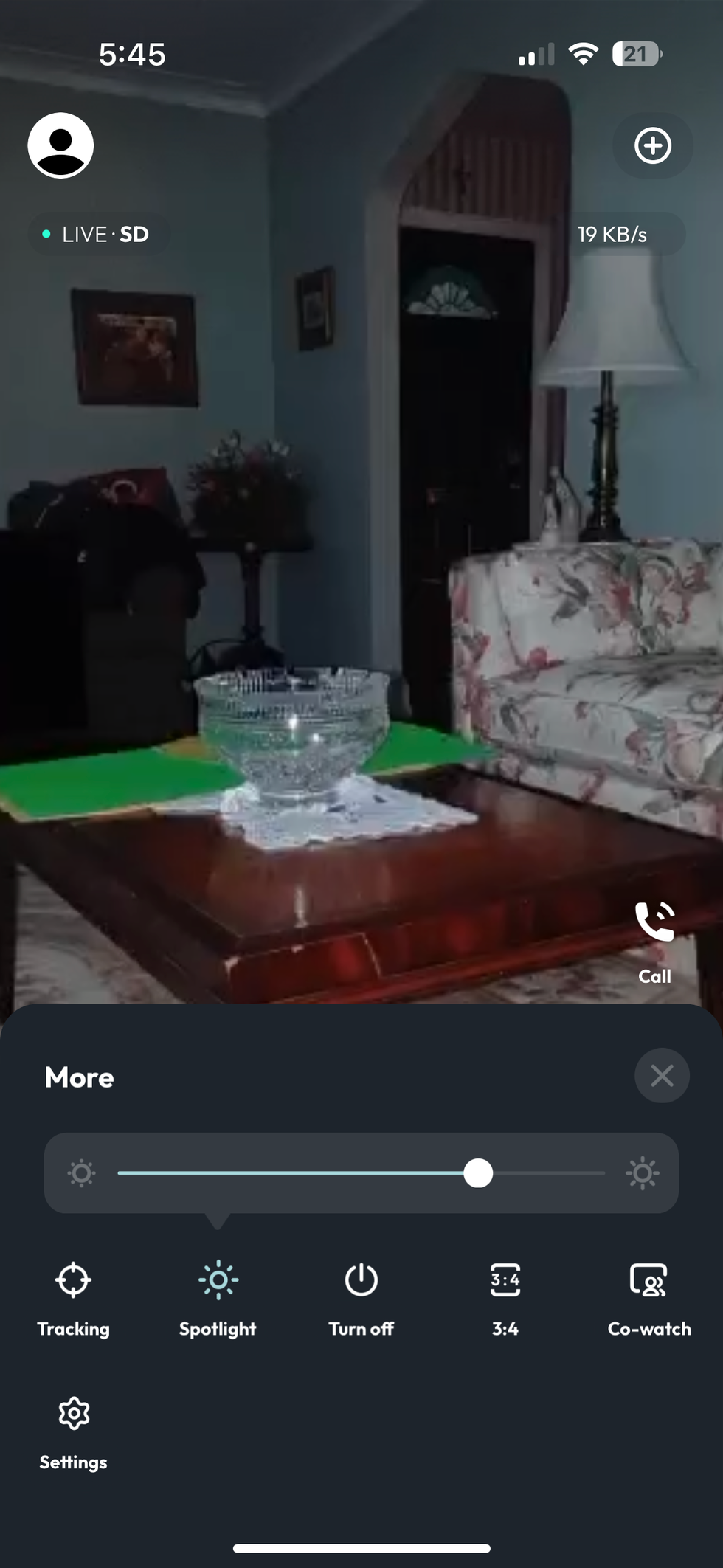 Psync app showiing live feed at night