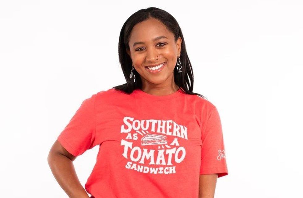 Jada Cato wearing a red "Southern as a Tomato Sandwich" T-shirt.