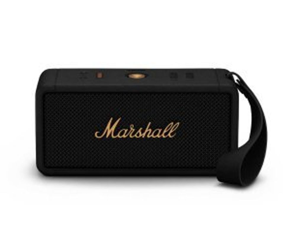 a product shot of Marshall Middleton Black/Brass Portable Bluetooth Loudspeaker