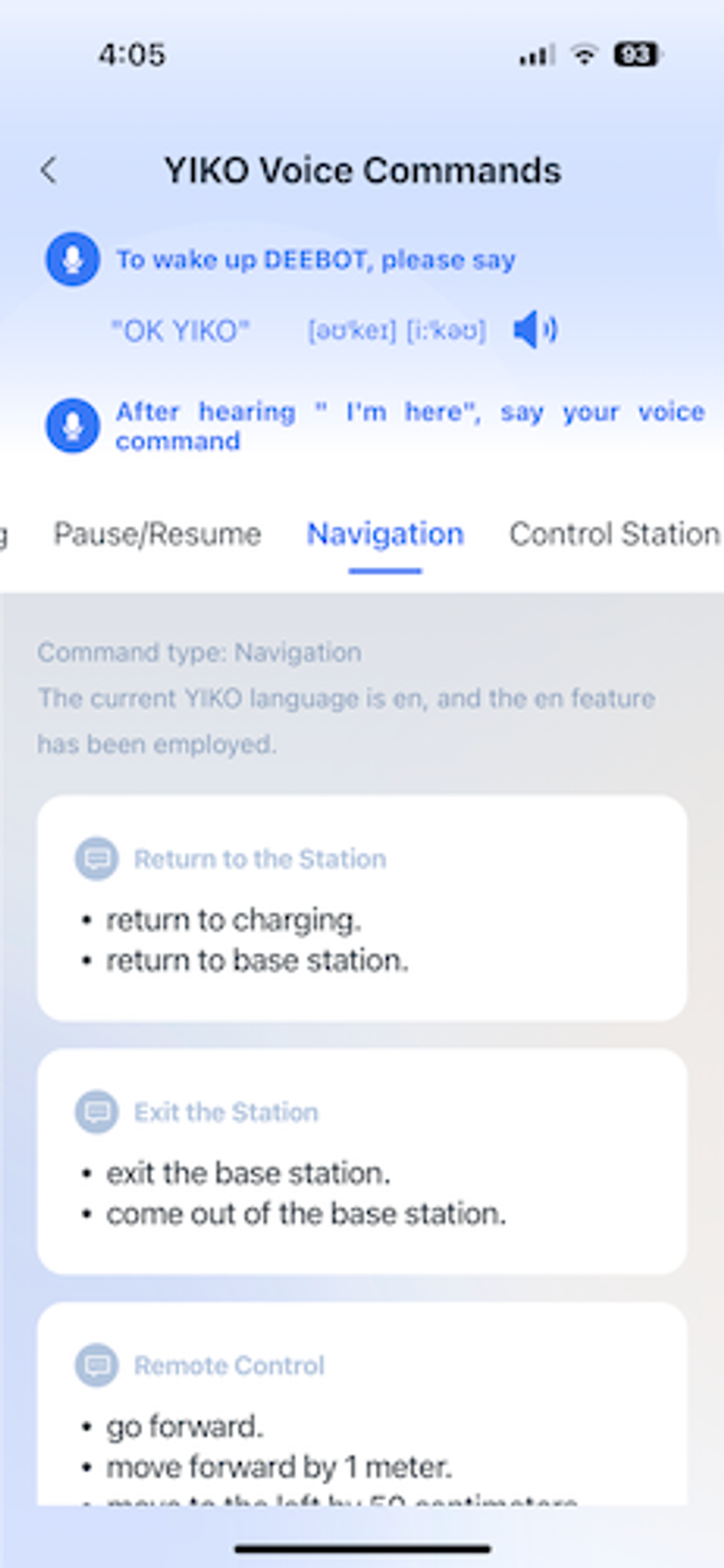 scrreenshot of Yiko voice commands in Ecovacs app