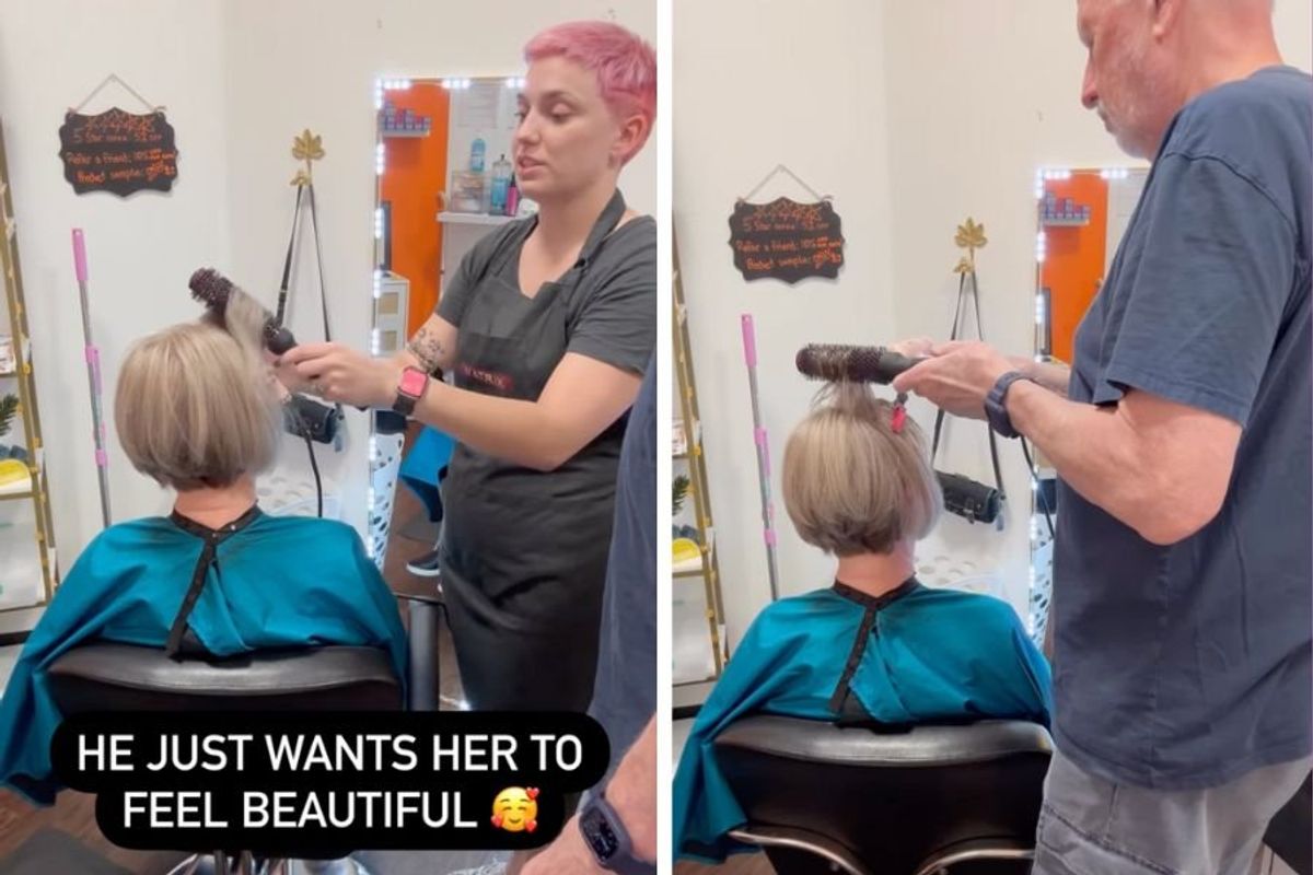 heartwarming video; husband learns to style wife's hair; faith in humanity; husband salon hair; hairstylist teaches husband