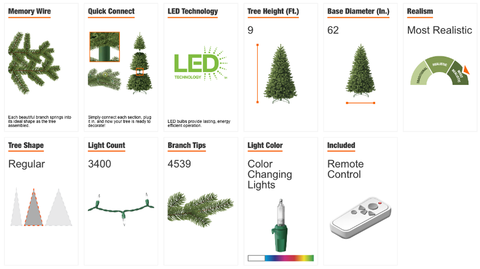 a screenshot of holiday decorations, like Christmas trees and lights at The Home Depot