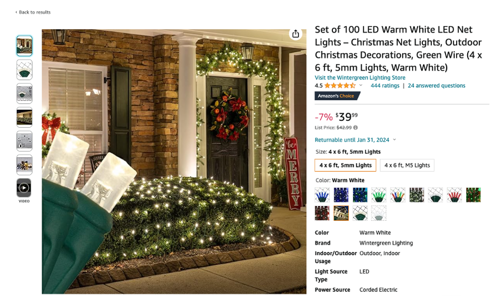 a screenshot of holiday net lights available on bushes outside a home lit up.