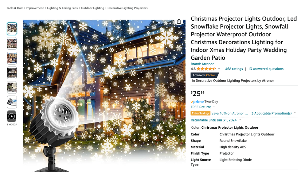 a screenshot of Snowfall Projector Waterproof Outdoor Christmas Decorations Lighting being sold on Amazon