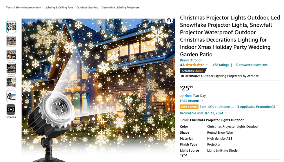 a screenshot of Snowfall Projector Waterproof Outdoor Christmas Decorations Lighting  being sold on Amazon