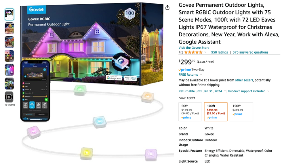 screenshot of Amazon page selling Govee Permanent Outdoor Lights on a home.