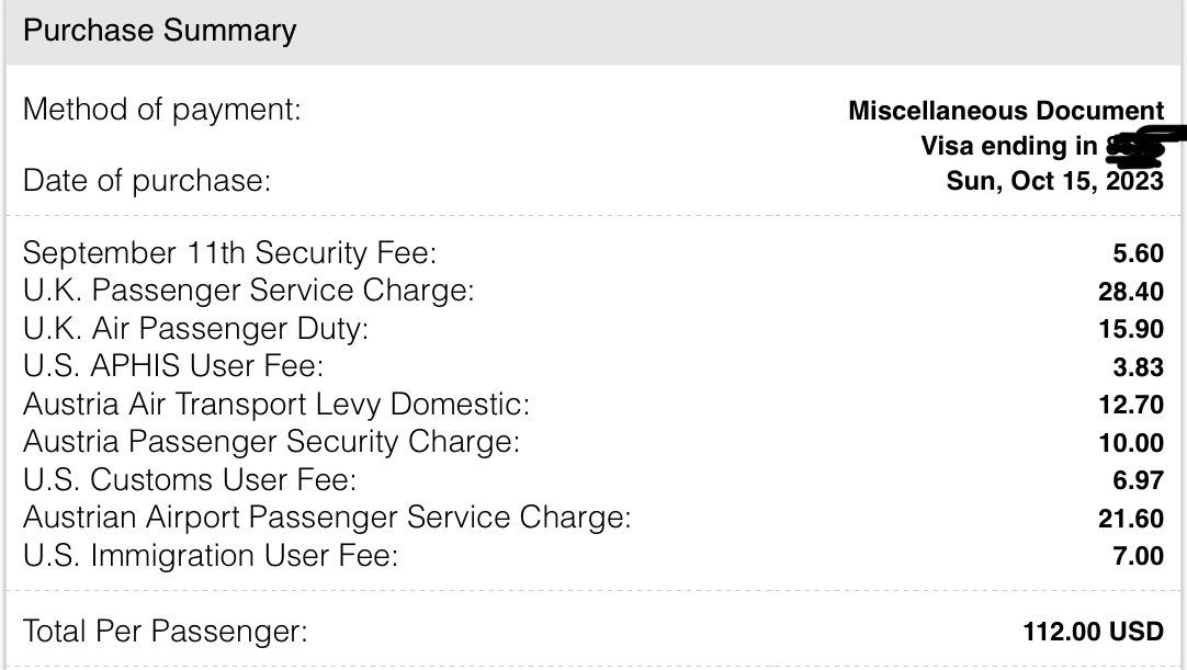 Screenshot of airline fees