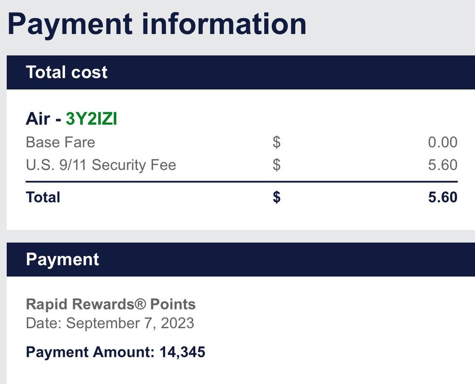 screenshot of southwest flight totals