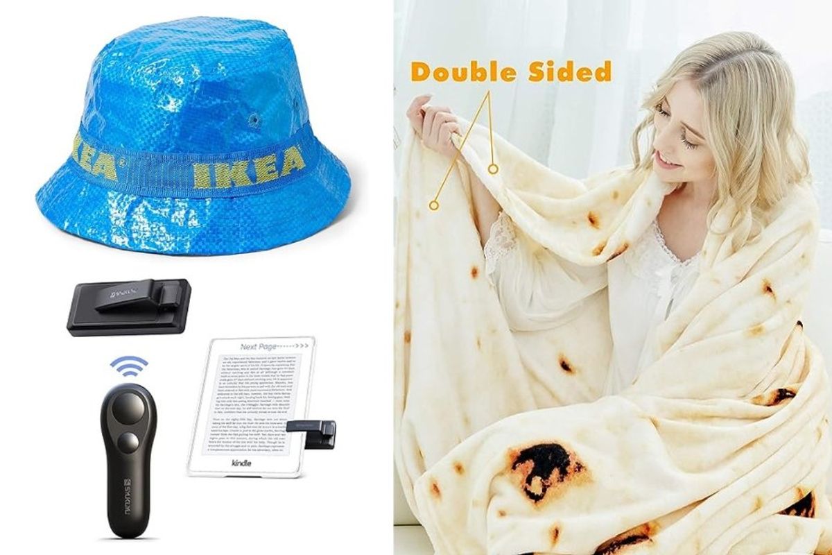 IKEA rain hat, Kindle page turner remote, woman with tortilla blanket