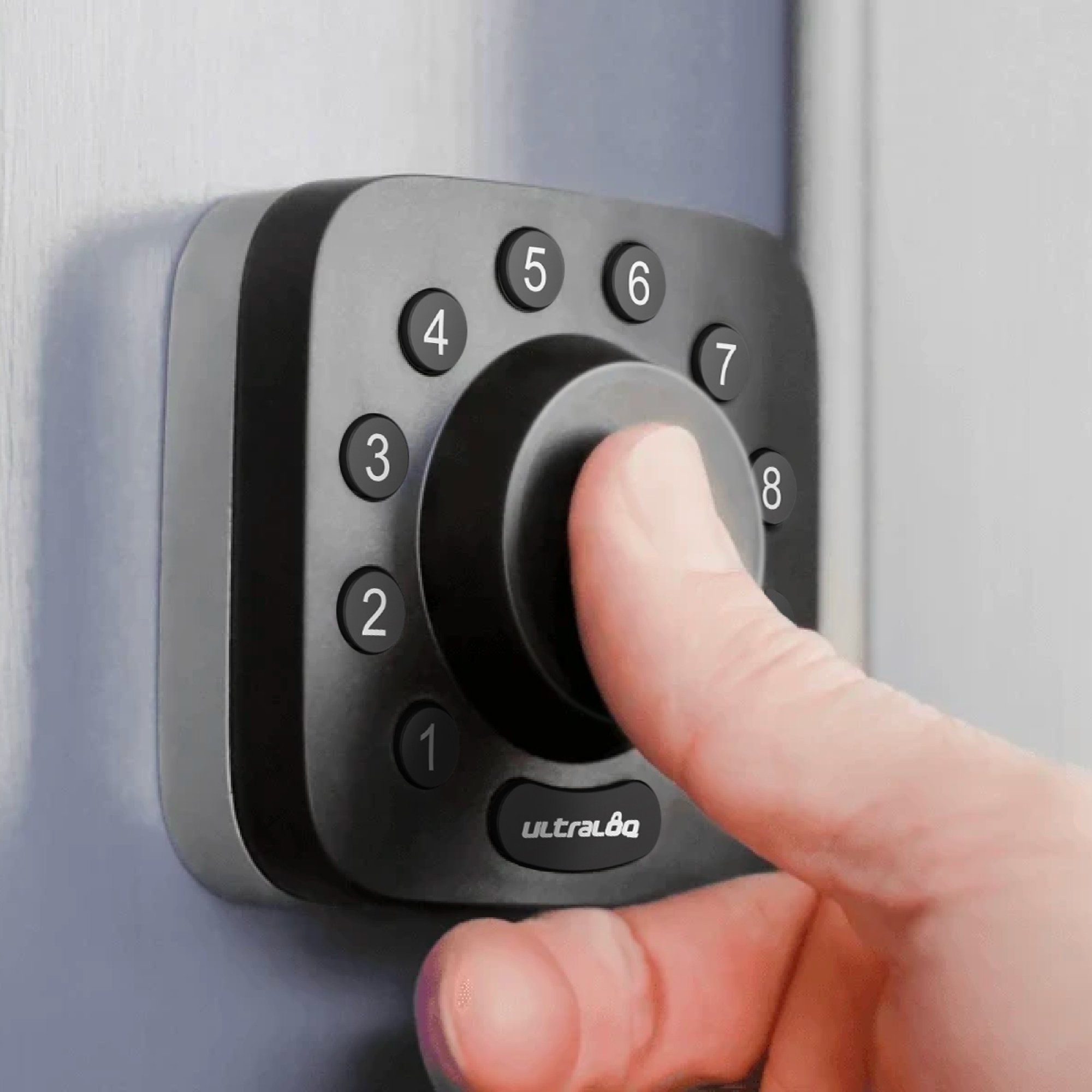 a photo of a finger pressing on ULTRALOQ U-Bolt Pro WiFi  smart lock.