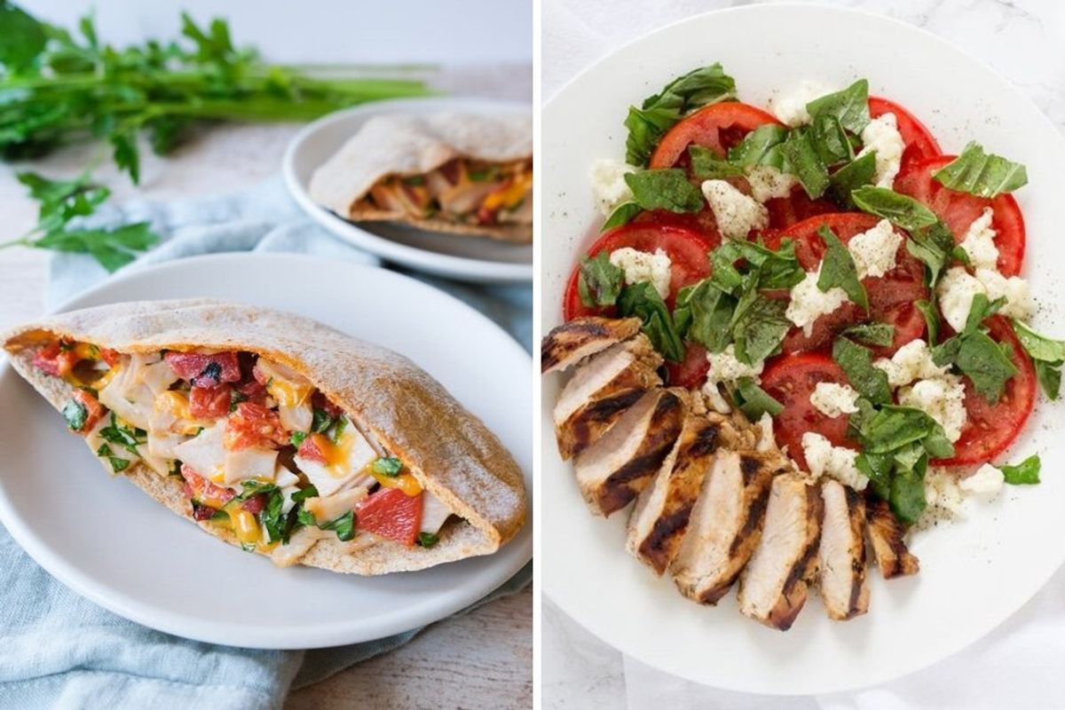 stuffed pita and grilled chicken caprese salad