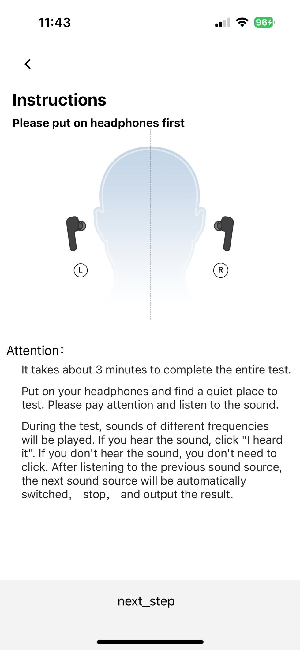 SoundPEATS app showing the start for a hearing test.