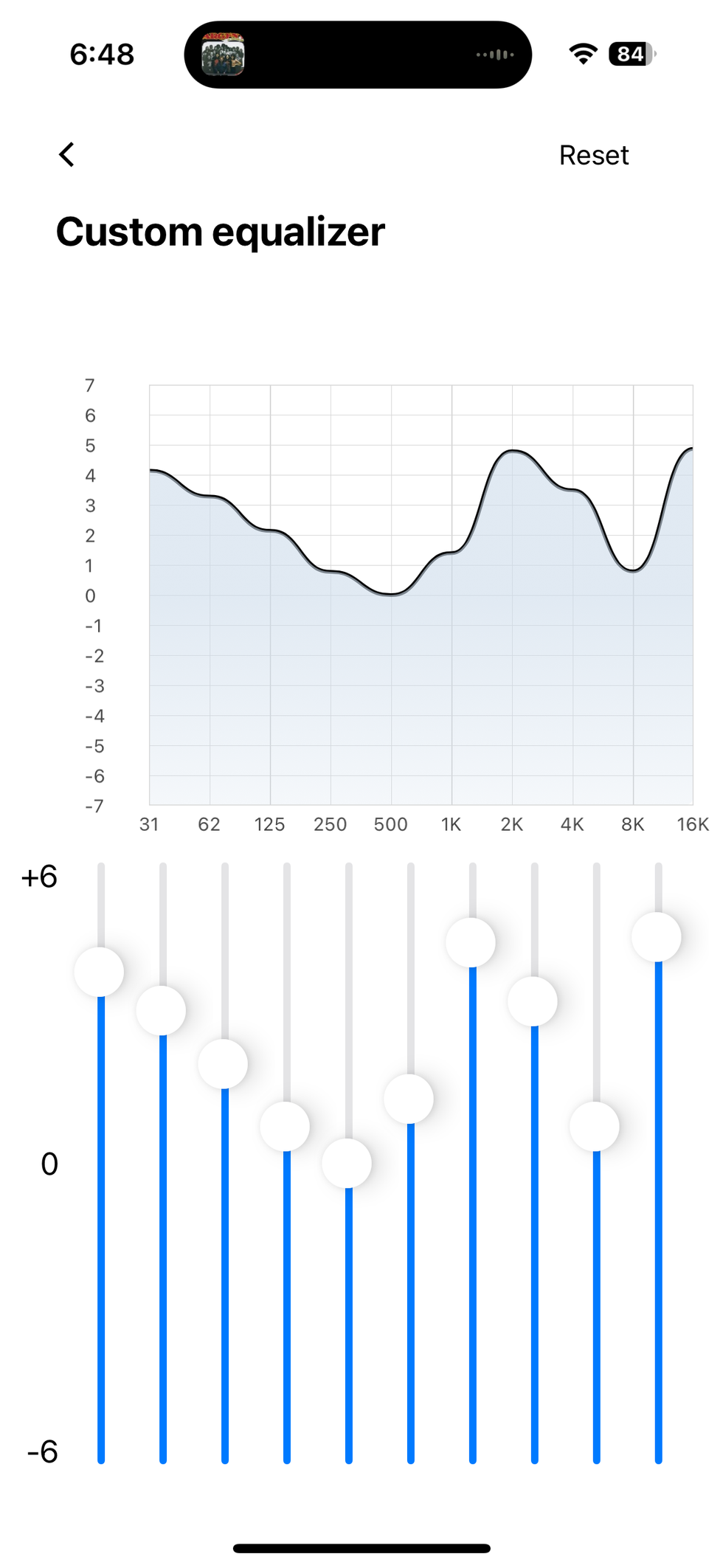 A screenshot of the customized EQ screen in the SoundPEATS