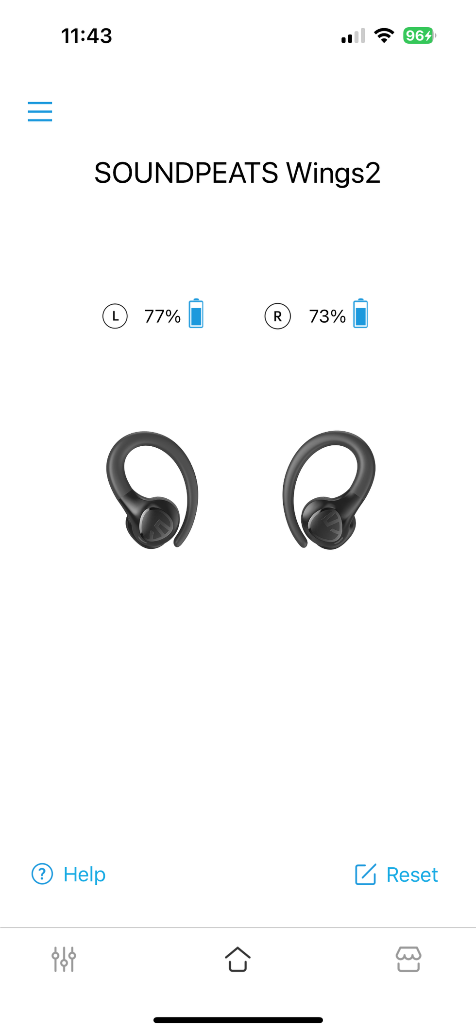 a screenshot of SoundPEATS app home page showing battery life for SoundPEATS Wings2 Earbuds