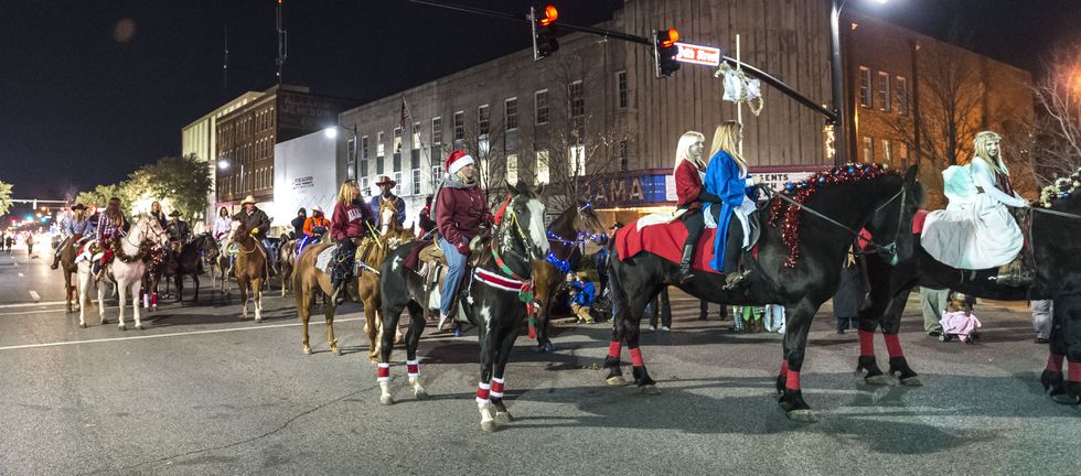 A group of horses and their riders make their way down the street in a Christmas parade.