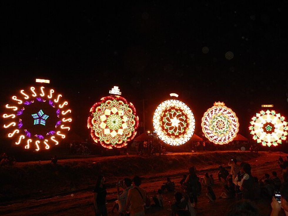 five colorful, lit up displays
