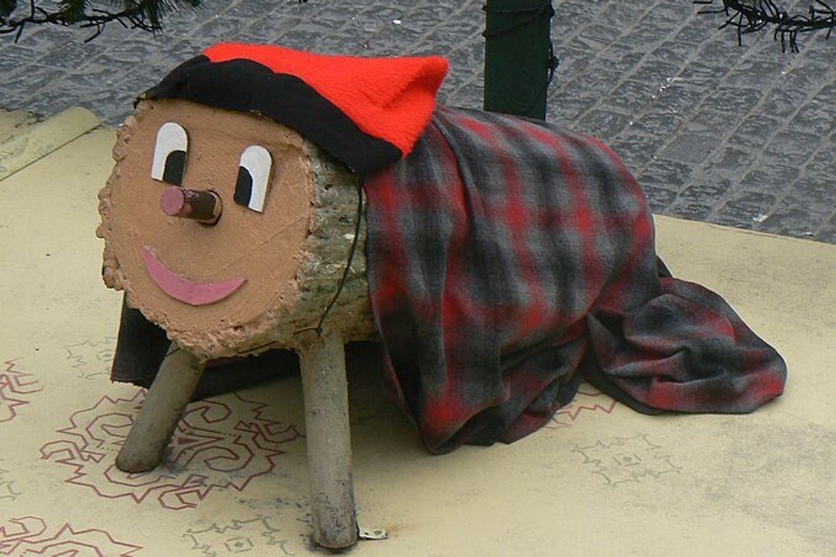 log with legs, a smiley face, a hat and a blenket