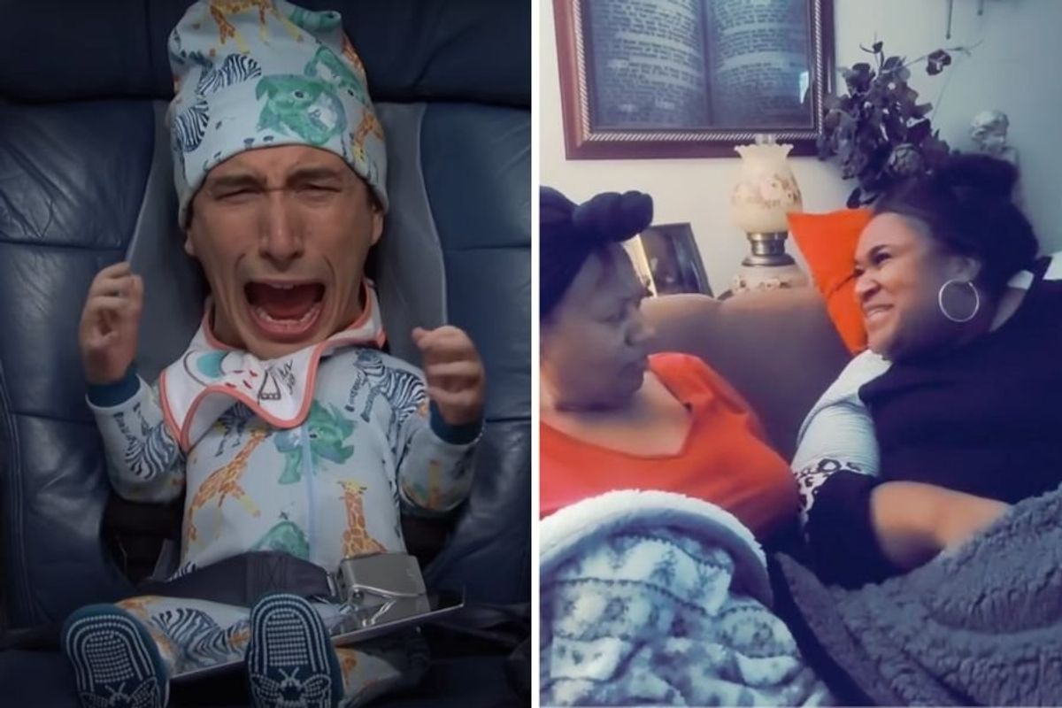 adam driver as a baby on a plane on SNL, two women on a couch