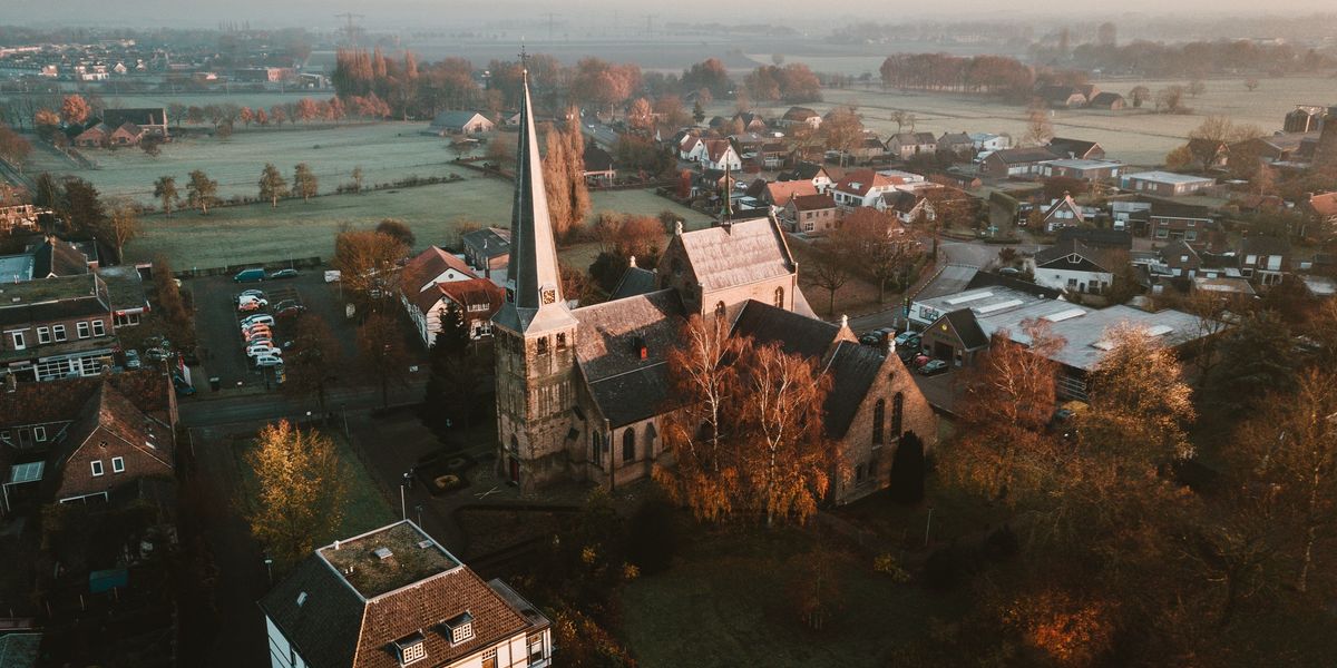 Aerial view of a church in a small town