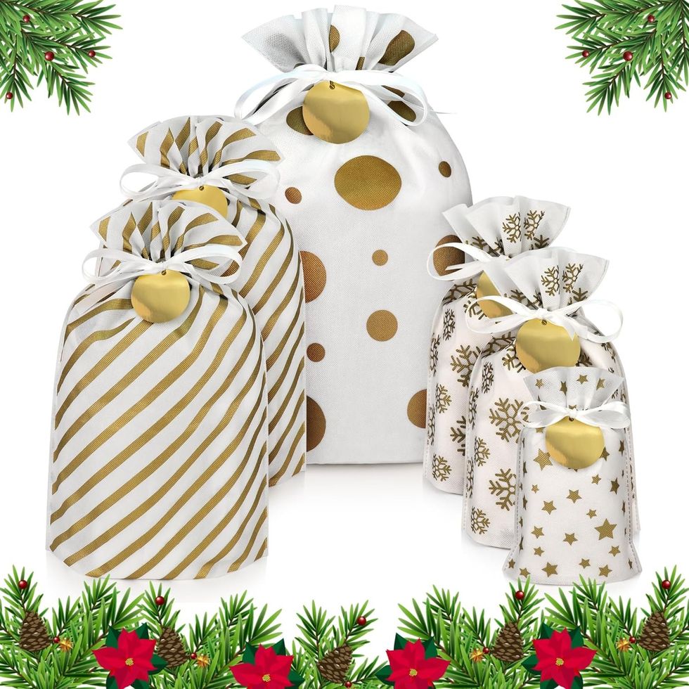 gold and white gift bags