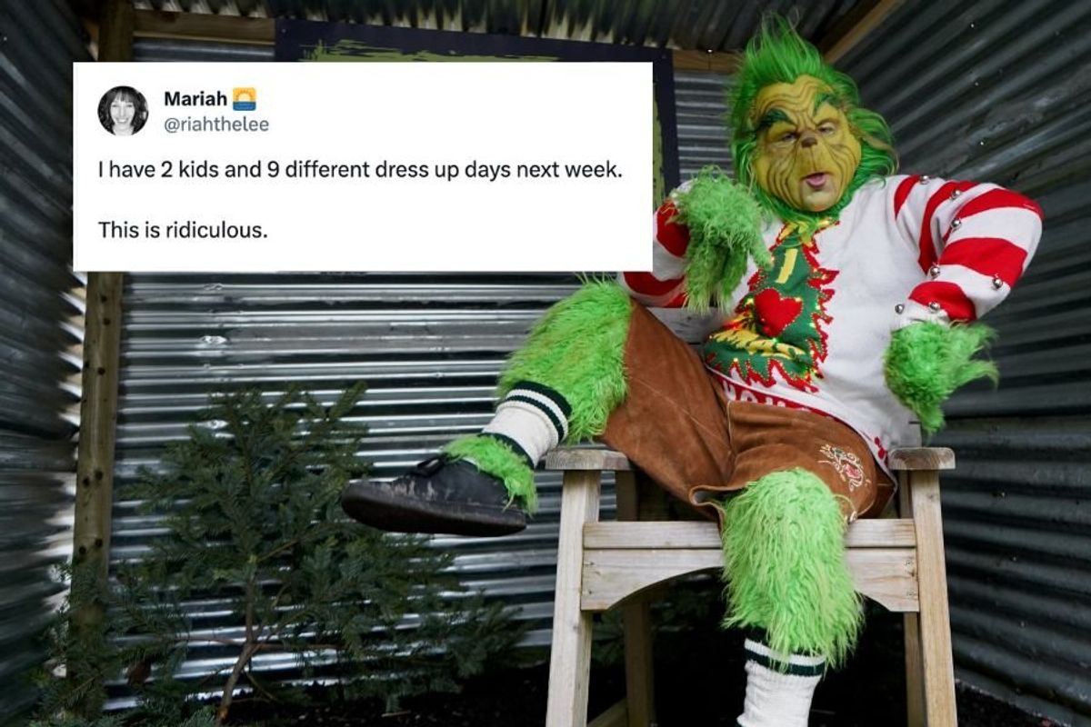 grinch dressed in an ugly christmas sweater, tweet complaining about school dress-up days