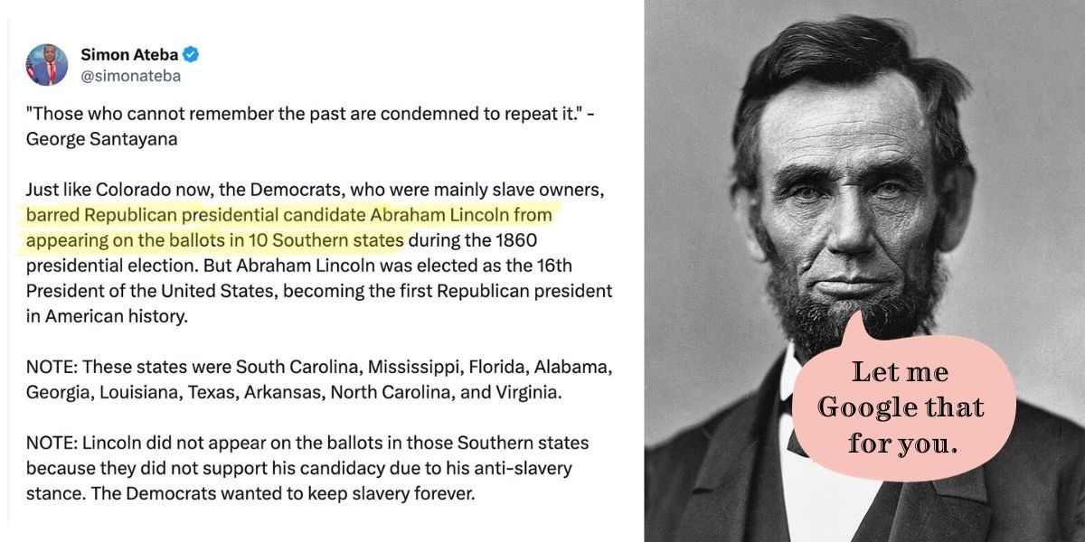 Lincoln wasn't 'barred from the ballot' by the South in 1860 - Upworthy
