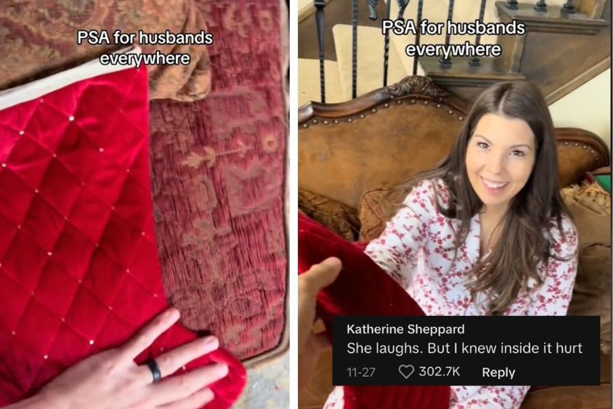 screenshots of a TikTok video side by side; a stocking and a hand; a woman being handed a stocking