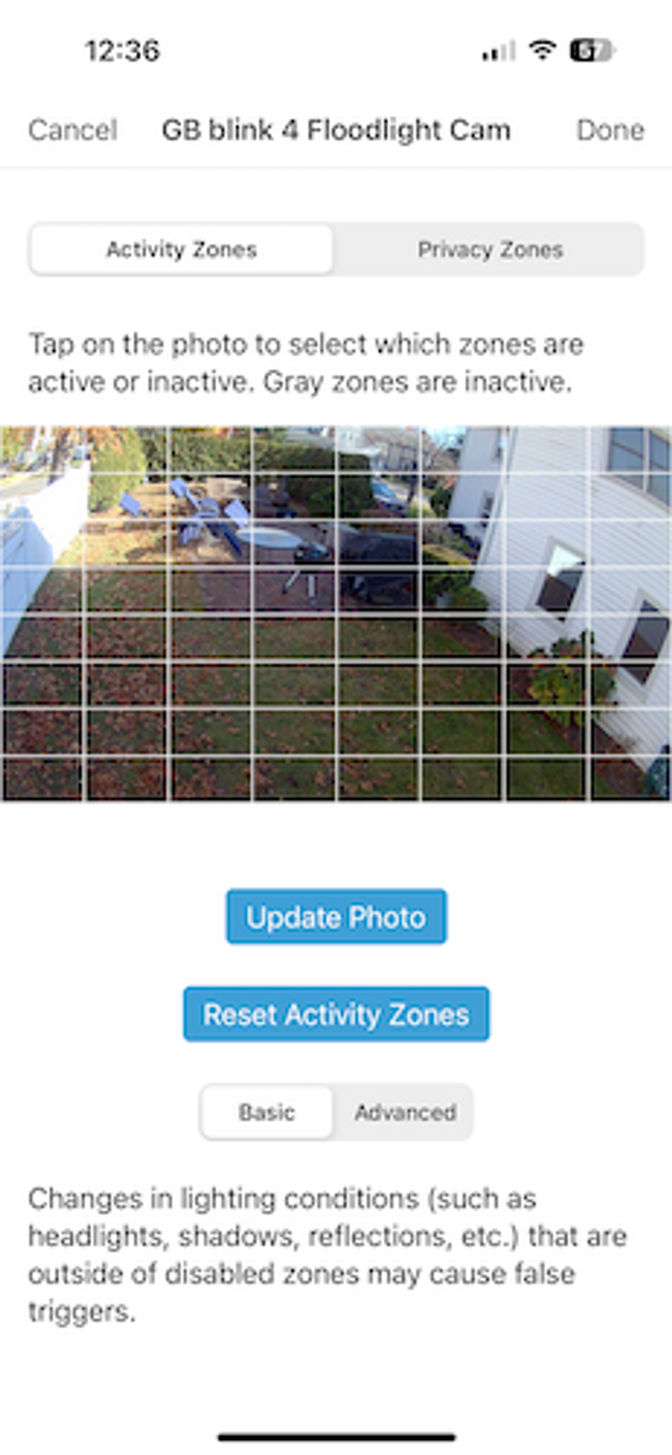 Blink app showing how to set motion detection zones for Outdoor 4 Camera
