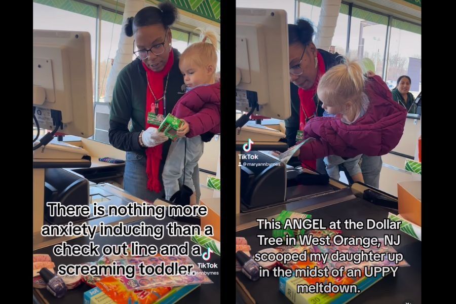 Dollar Store clerk holding a toddler