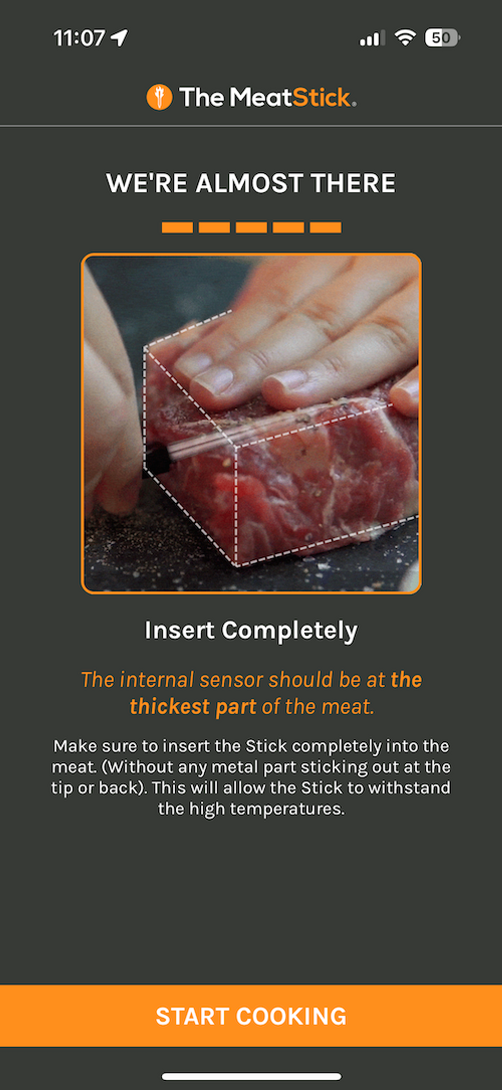MeatStick App showing how to insert thermometer