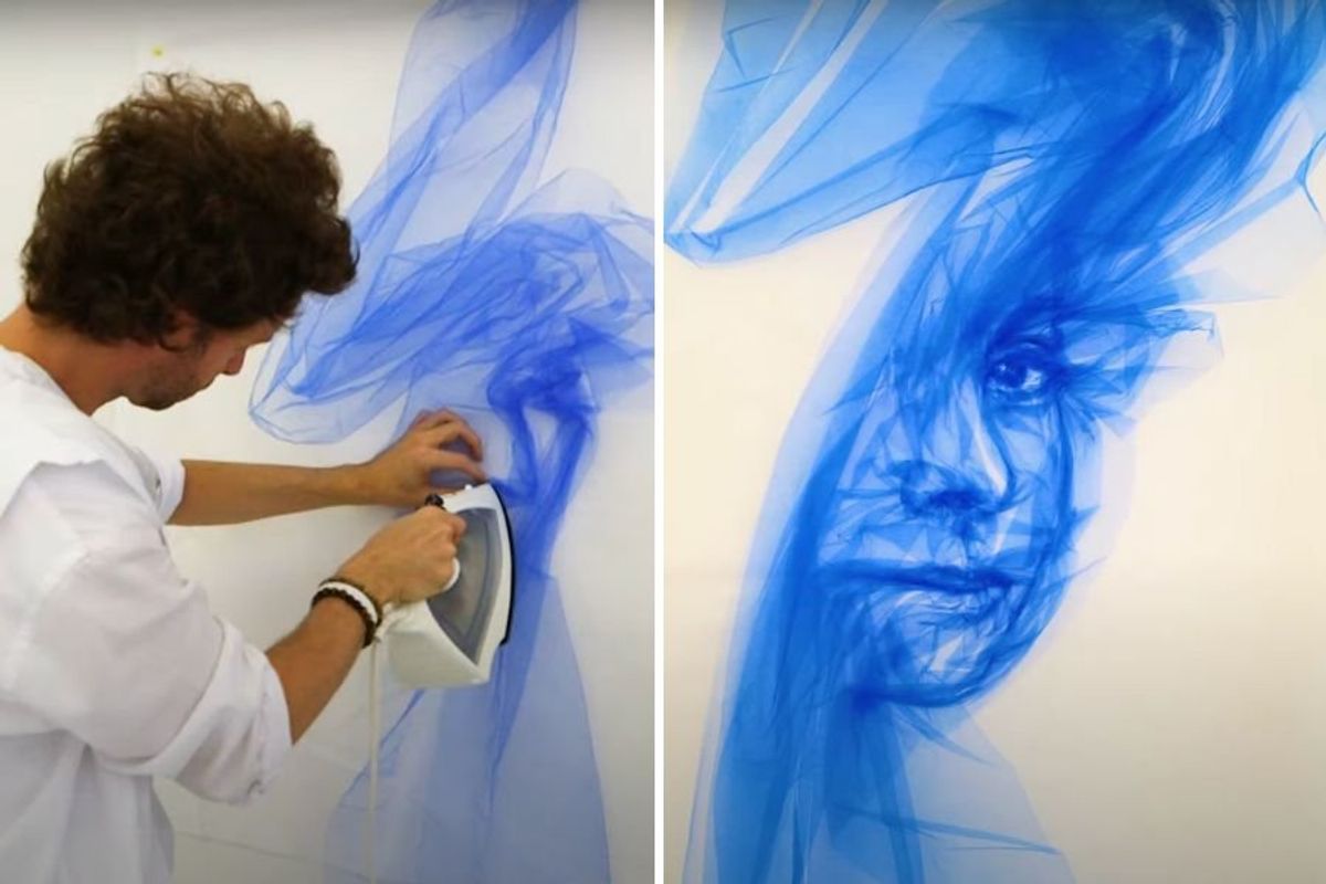 artist ironing tulle to a canvas to create a portrait