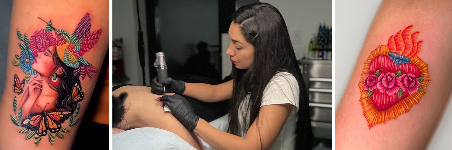 Image of A TATTOO DESIGNER APPLIES INK ON THE SKIN OF A