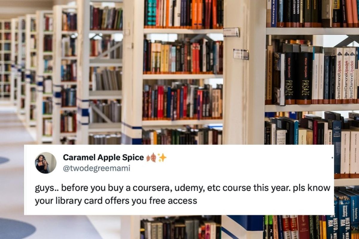 library filled with books, screenshot of tweet explaining you can get udemy and coursera courses free with a library card