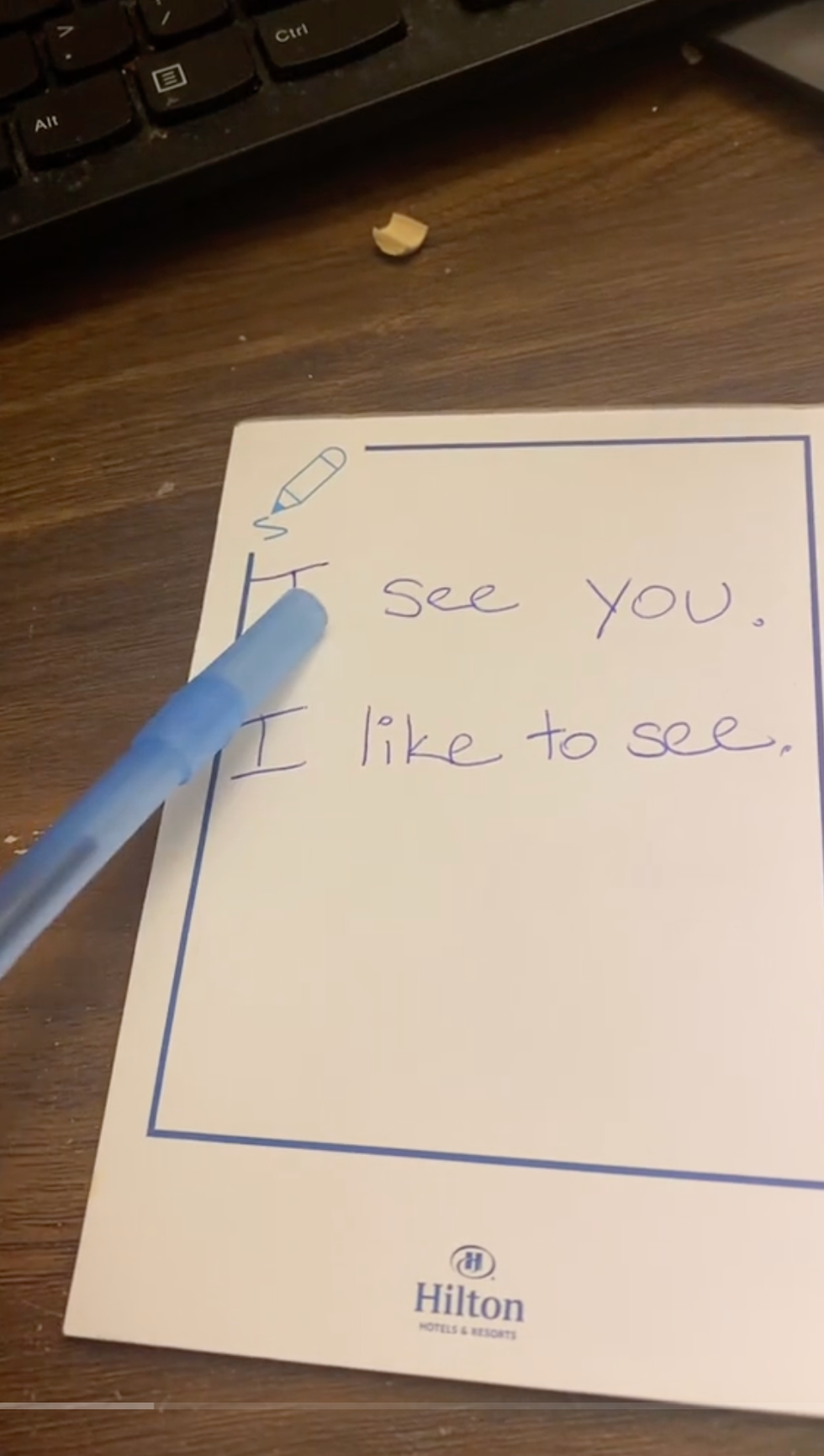 "I see you" and "I like to see" written on white paper.