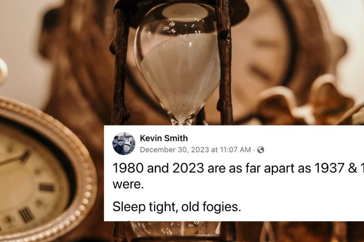hourglass and clocks with screenshot of post saying 1980 and 2023 are as far apart as 1937 and 1980