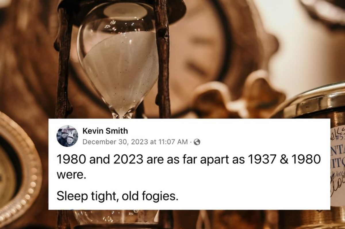 hourglass and clocks with screenshot of post saying 1980 and 2023 are as far apart as 1937 and 1980