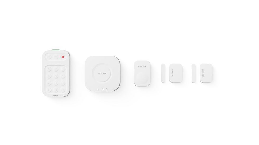 a product shot of Hubspace Smart Home Security Kit (Smart Home Alarm Kit with Wi-Fi and Bluetooth Powered by Hubspace (5-Piece))