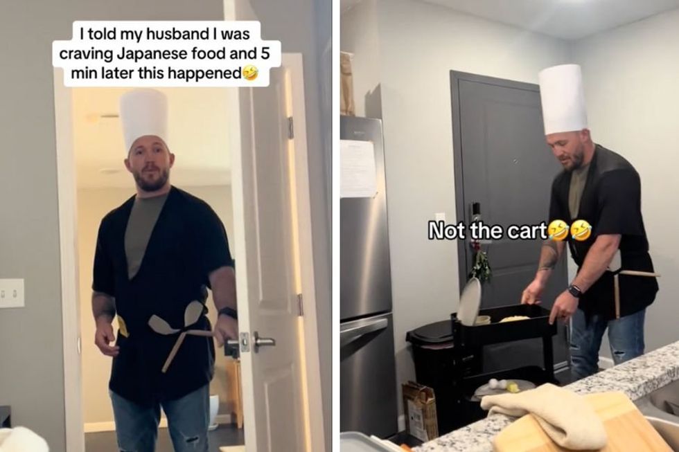 Man surprises his wife with homemade Japanese hibachi complete with flying utensils